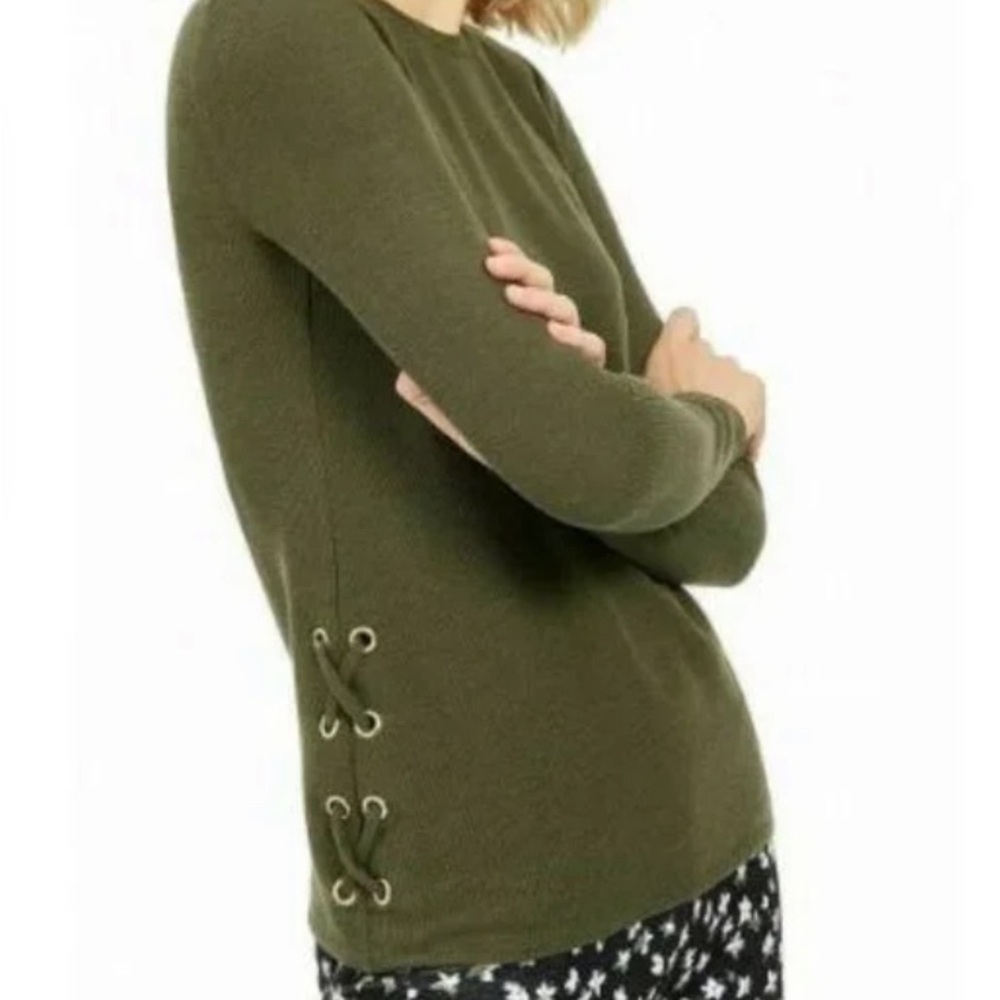 Pink Rose Green Sweater With Sided Tie Accents